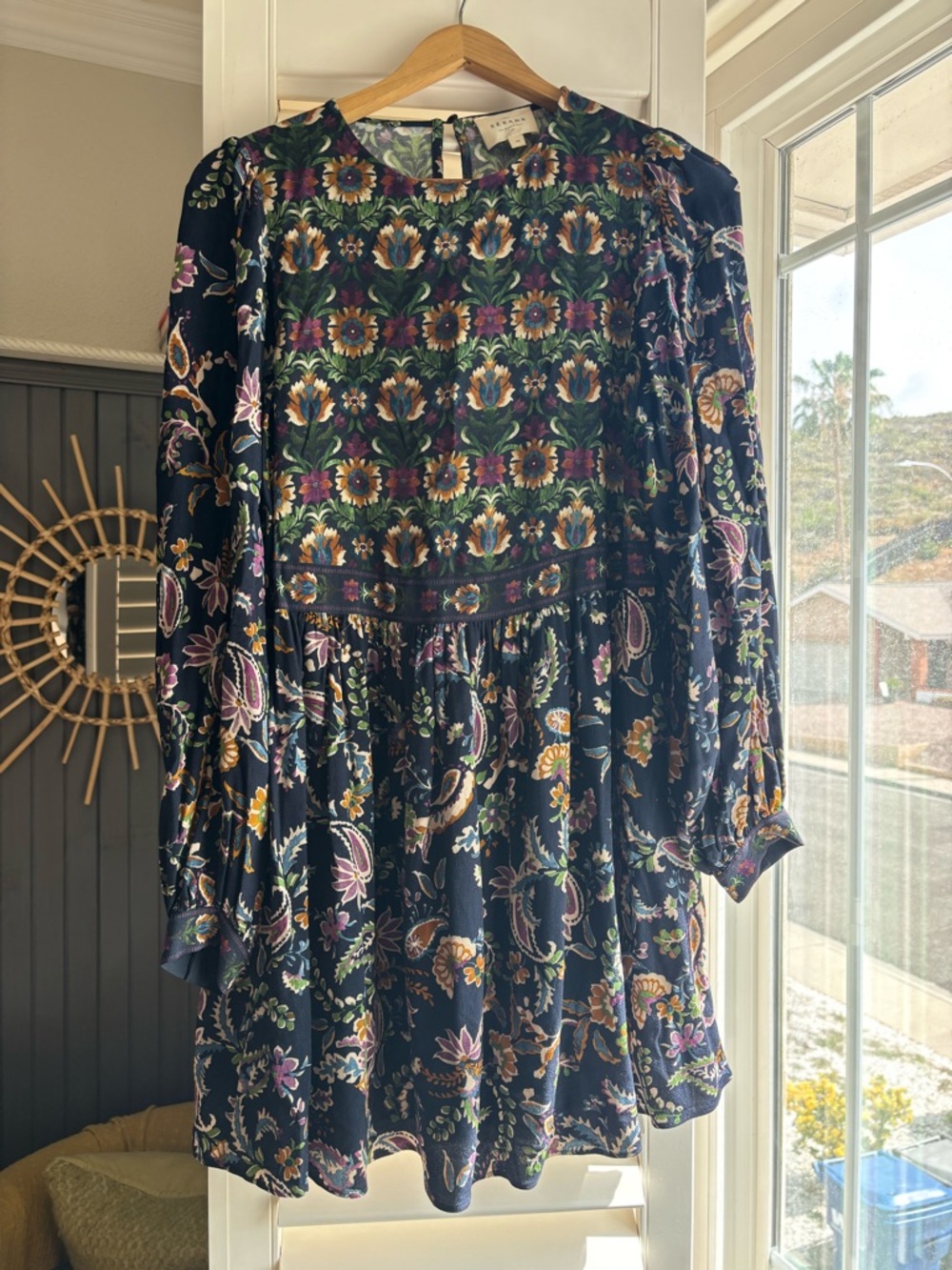 Sezane Floral Pattern Long-Sleeve Mini Dress in Navy